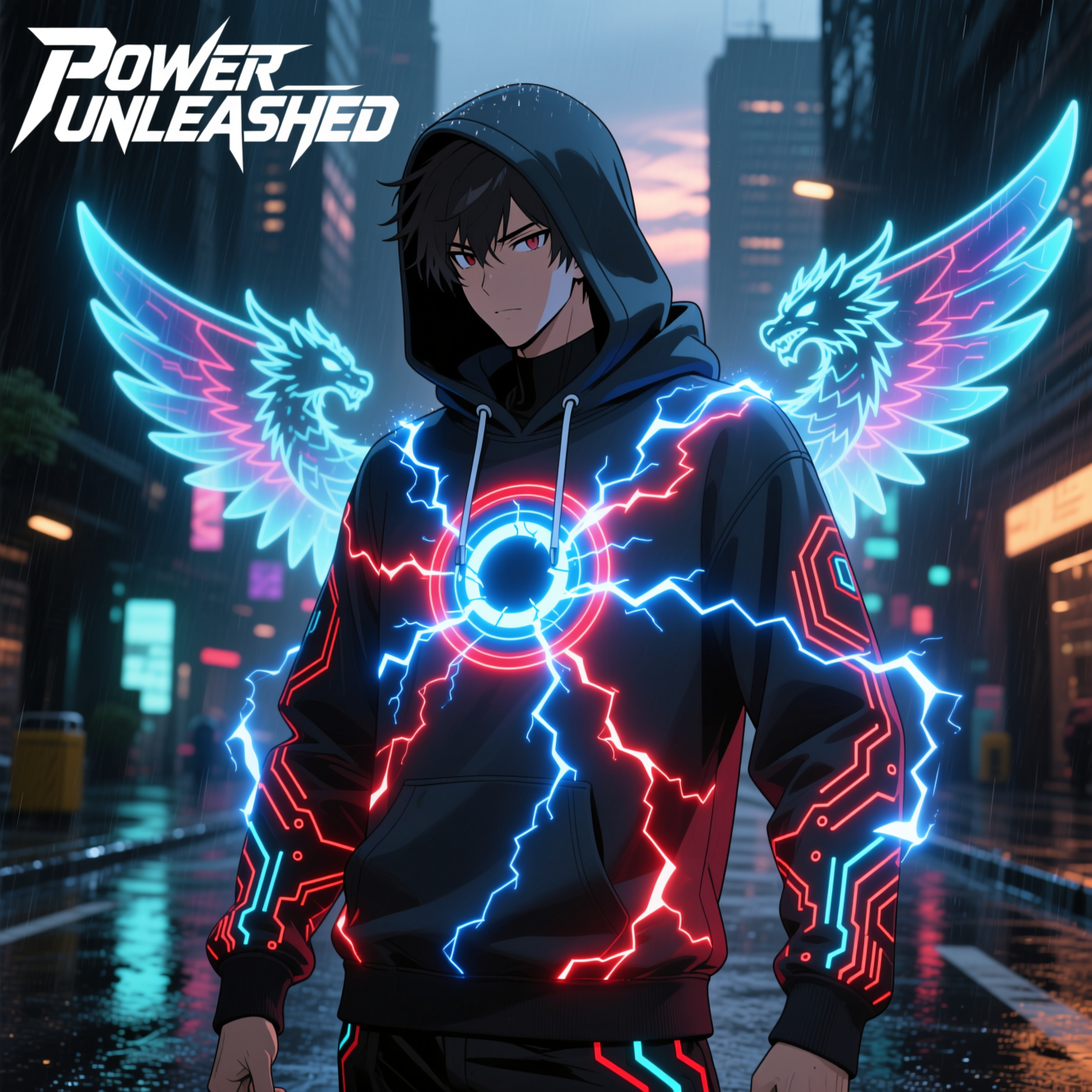 Anime hero hoodie with power transformation design