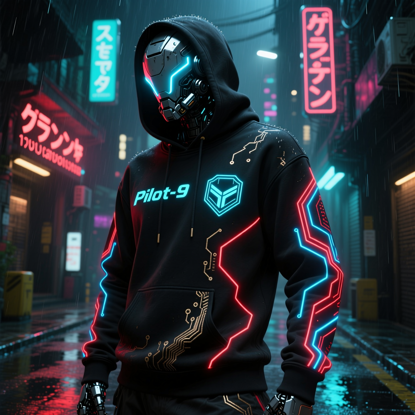 Cyberpunk mecha pilot sweatshirt with neon accents