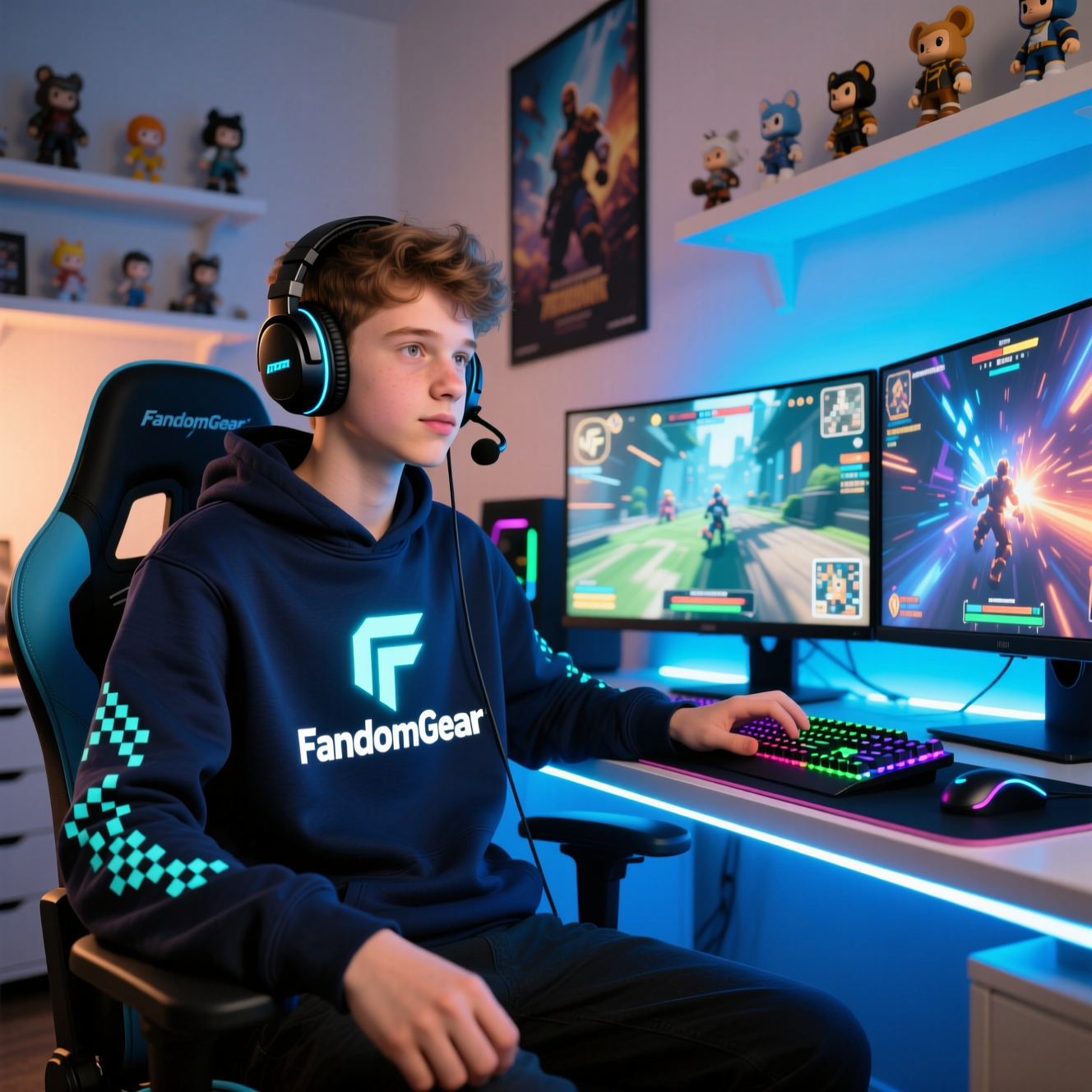 Gamer streaming with FandomGear sweatshirt